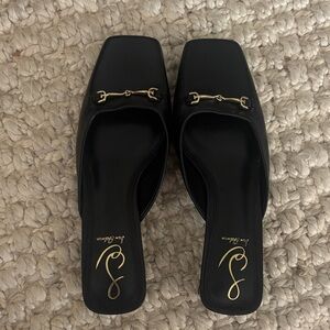 Sam Edelman Black Leather Mules with Gold Detail